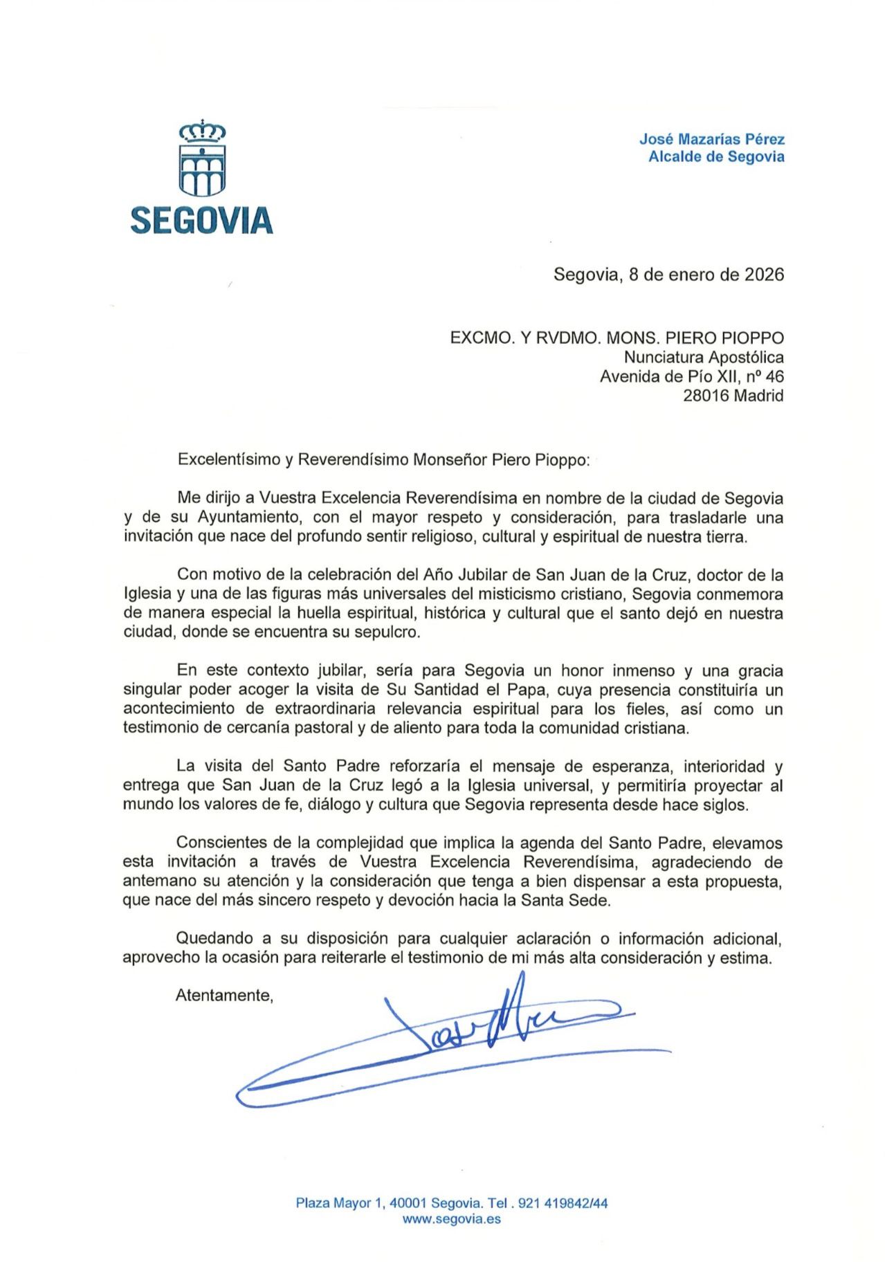 El alcalde se ha dirigido por carta al Nuncio papal