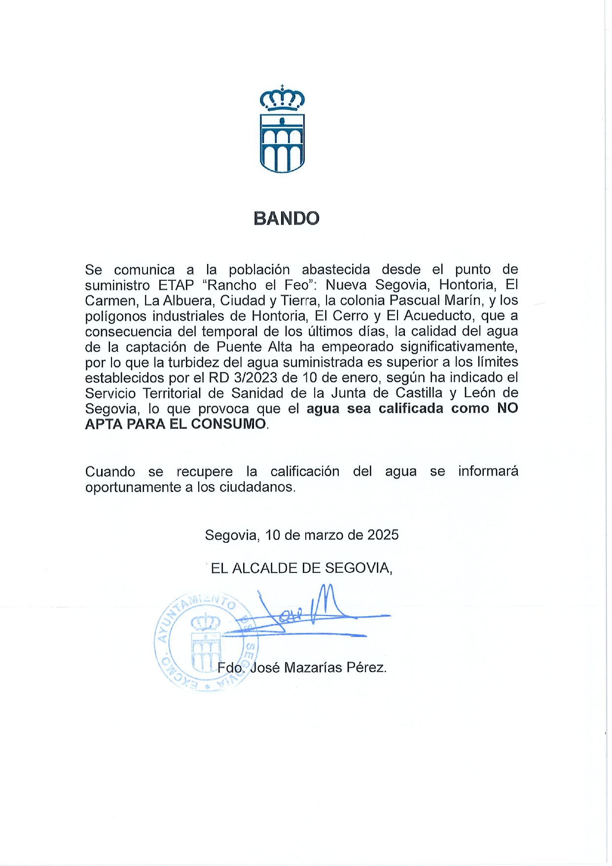 Bando agua marzo 