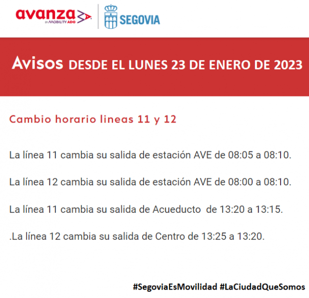 AVISO Cambios lineas 11 y 12 (Estación AVE) de Avanza en Segovia