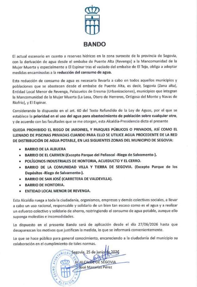 Bando restricciones de agua